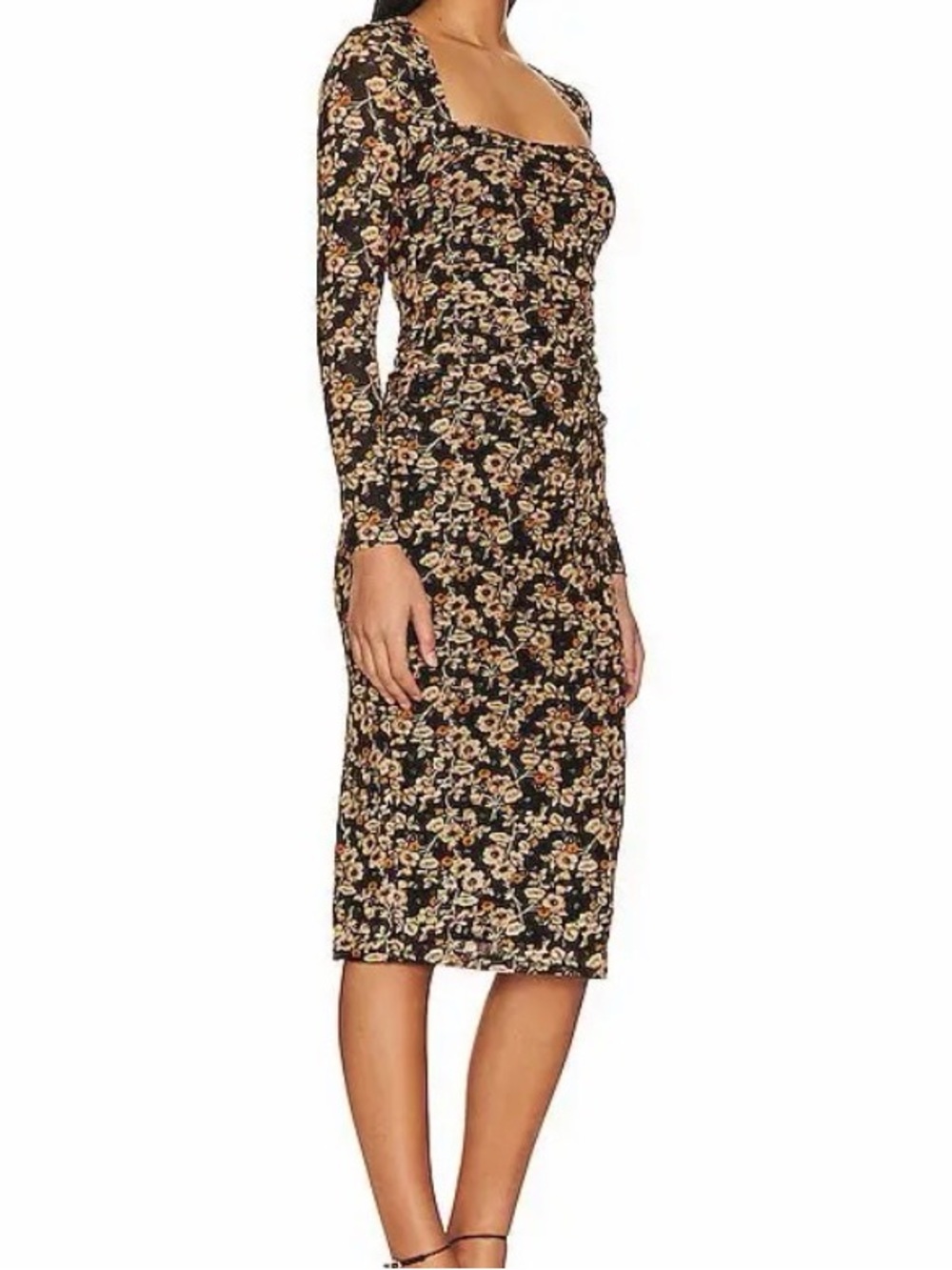 ASTR Black Floral Square-Neck Long Sleeve Midi Dress